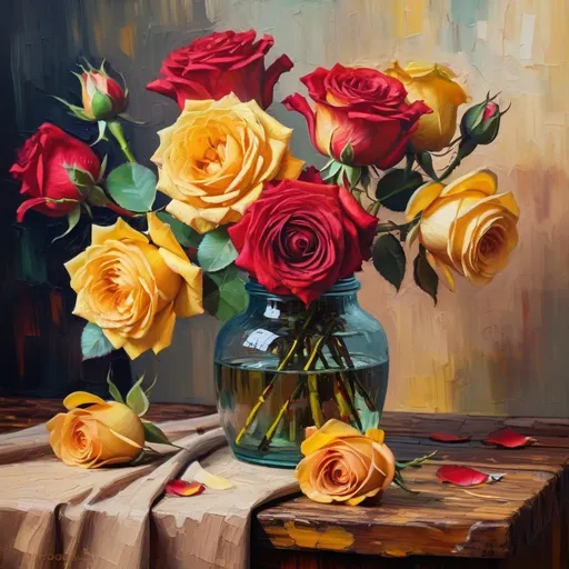 Prompt: Van Gogh-inspired, vibrant red and yellow roses on a rustic wooden table, kitchen in background, oil painting, rich impasto textures, warm and expressive color palette, classic floral arrangement, detailed petals and leaves, vintage artistic style, expressive brushstrokes, warm lighting and deep shadows, high quality, classic, rustic, vibrant colors, detailed textures, artistic oil painting, classic floral, expressive brushwork, vintage, warm lighting