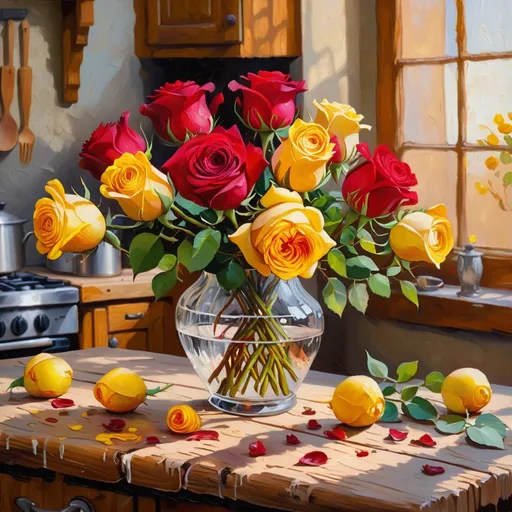 Prompt: Van Gogh-inspired, vibrant red and yellow roses on a rustic wooden table, kitchen in background, rich impasto textures, warm and expressive color palette, classic floral arrangement, detailed petals and leaves, vintage artistic style, expressive brushstrokes, warm lighting and deep shadows, high quality, classic, rustic, vibrant colors, detailed textures, artistic oil painting, expressive brushwork, warm lighting