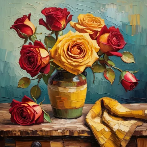 Prompt: Van Gogh-inspired, vibrant red and yellow roses on a rustic wooden table, kitchen in background, oil painting, rich impasto textures, warm and expressive color palette, classic floral arrangement, detailed petals and leaves, vintage artistic style, expressive brushstrokes, warm lighting and deep shadows, high quality, classic, rustic, vibrant colors, detailed textures, artistic oil painting, classic floral, expressive brushwork, vintage, warm lighting