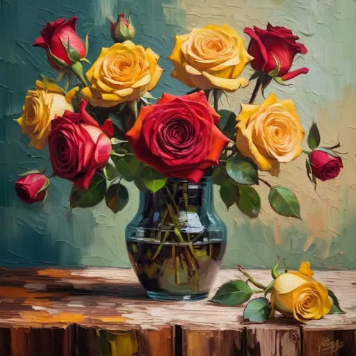 Prompt: Van Gogh-inspired, vibrant red and yellow roses on a rustic wooden table, kitchen in background, oil painting, rich impasto textures, warm and expressive color palette, classic floral arrangement, detailed petals and leaves, vintage artistic style, expressive brushstrokes, warm lighting and deep shadows, high quality, classic, rustic, vibrant colors, detailed textures, artistic oil painting, classic floral, expressive brushwork, vintage, warm lighting