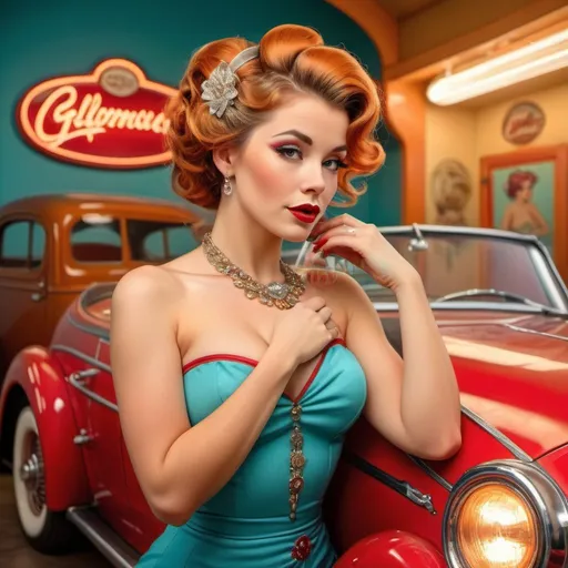 Prompt: Pin-up model posing with a classic car, retro-themed, vintage pin-up style, glamorous attire, bright and vibrant colors, detailed hair and makeup, high quality, vintage, glamorous, detailed, professional lighting