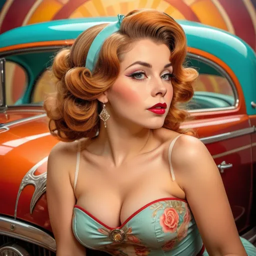 Prompt: Pin-up model posing with a classic car, retro-themed, vintage pin-up style, glamorous attire, bright and vibrant colors, detailed hair and makeup, high quality, vintage, glamorous, detailed, professional lighting