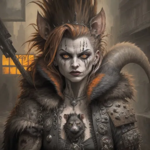 Prompt: Rock album cover art featuring the Rat Queen, gritty and realistic oil painting, dynamic and vibrant, high energy, intense colors, dramatic lighting, detailed fur and textures, larger than life, intense gaze, raw and edgy, high quality, oil painting, gritty realism, vibrant colors, dynamic lighting, detailed fur, intense gaze, high energy