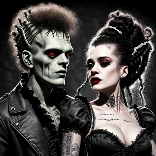 Prompt: high detail romantic Frankenstein's monster and Bride of Frankenstein wearing punk rock clothes.
