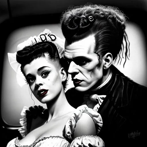 Prompt: high detail romantic Frankenstein's monster and Bride of Frankenstein in 1950s car wearing 1950s rockabilly clothes.
