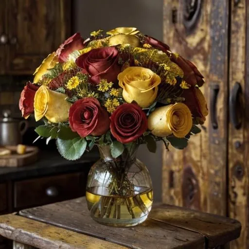 Prompt: Van Gogh-inspired, vibrant red and yellow roses on a rustic wooden table, kitchen in background, oil painting, rich impasto textures, warm and expressive color palette, classic floral arrangement, detailed petals and leaves, vintage artistic style, expressive brushstrokes, warm lighting and deep shadows, high quality, classic, rustic, vibrant colors, detailed textures, artistic oil painting, classic floral, expressive brushwork, vintage, warm lighting