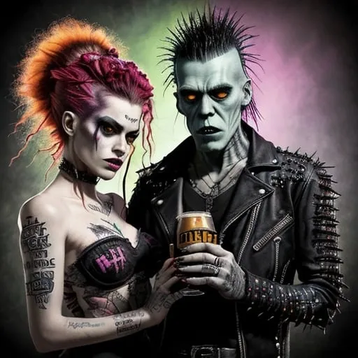 Prompt: rock album art gritty realism high energy, vibrant color contrast, dynamic and bright, detailed hair and clothes romantic, raw and edgy Frankenstein's monster and Bride of Frankenstein wearing punk rock clothes and drinking beers.
