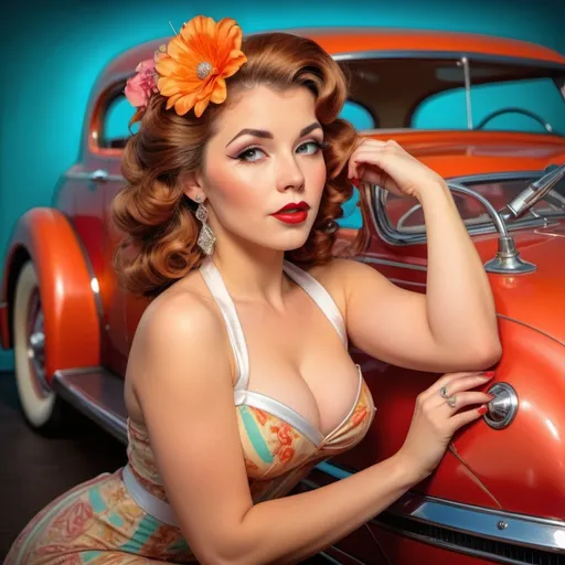 Prompt: Pin-up model posing with a classic car, retro-themed, vintage pin-up style, glamorous attire, bright and vibrant colors, detailed hair and makeup, classic car with chrome accents, high quality, retro, vintage, glamorous, detailed, professional lighting