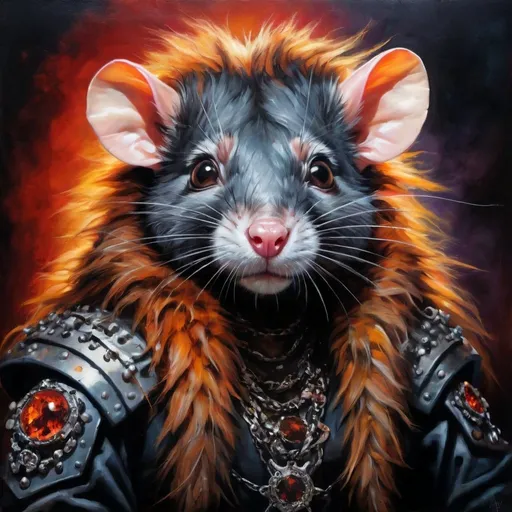 Prompt: Rock album cover art featuring the Rat Queen, gritty and realistic oil painting, dynamic and vibrant, high energy, intense colors, dramatic lighting, detailed fur and textures, larger than life, intense gaze, raw and edgy, high quality, oil painting, gritty realism, vibrant colors, dynamic lighting, detailed fur, intense gaze, high energy