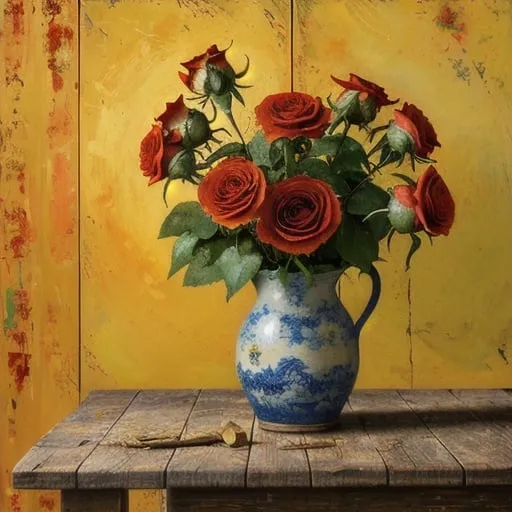 Prompt: Van Gogh-inspired, vibrant red and yellow roses on a rustic wooden table, kitchen in background, oil painting, rich impasto textures, warm and expressive color palette, classic floral arrangement, detailed petals and leaves, vintage artistic style, expressive brushstrokes, warm lighting and deep shadows, high quality, classic, rustic, vibrant colors, detailed textures, artistic oil painting, classic floral, expressive brushwork, vintage, warm lighting