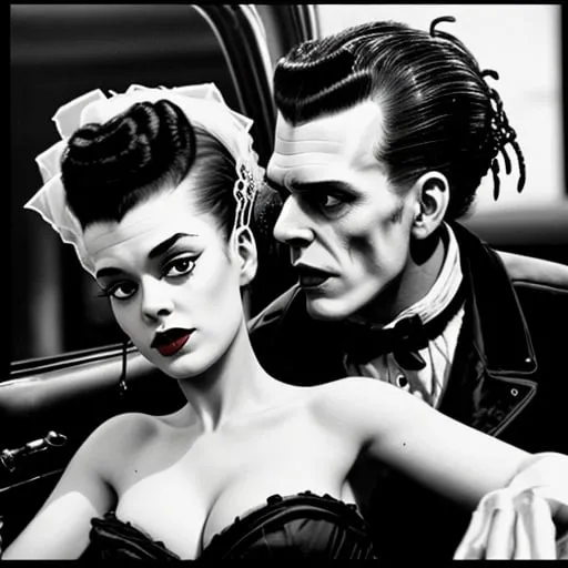 Prompt: high detail romantic Frankenstein's monster and Bride of Frankenstein in 1950s car wearing 1950s rockabilly clothes.
