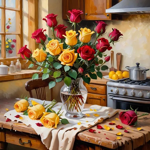 Prompt: Van Gogh-inspired, vibrant red and yellow roses on a rustic wooden table, kitchen in background, oil painting, rich impasto textures, warm and expressive color palette, classic floral arrangement, detailed petals and leaves, vintage artistic style, expressive brushstrokes, warm lighting and deep shadows, high quality, classic, rustic, vibrant colors, detailed textures, artistic oil painting, classic floral, expressive brushwork, vintage, warm lighting