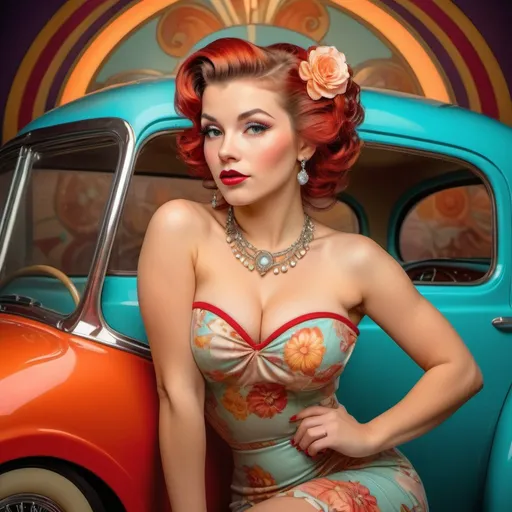 Prompt: Pin-up model posing with a classic car, retro-themed, vintage pin-up style, glamorous attire, bright and vibrant colors, detailed hair and makeup, high quality, vintage, glamorous, detailed, professional lighting