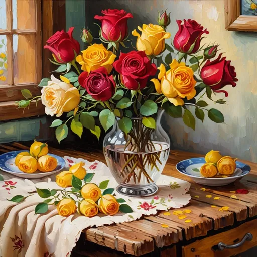 Prompt: Van Gogh-inspired, vibrant red and yellow roses on a rustic wooden table, kitchen in background, oil painting, rich impasto textures, warm and expressive color palette, classic floral arrangement, detailed petals and leaves, vintage artistic style, expressive brushstrokes, warm lighting and deep shadows, high quality, classic, rustic, vibrant colors, detailed textures, artistic oil painting, classic floral, expressive brushwork, vintage, warm lighting