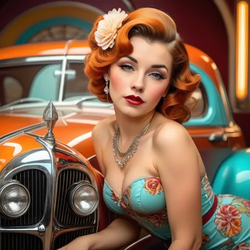 Prompt: Pin-up model posing with a classic car, retro-themed, vintage pin-up style, glamorous attire, bright and vibrant colors, detailed hair and makeup, classic car with chrome accents, high quality, retro, vintage, glamorous, detailed, professional lighting