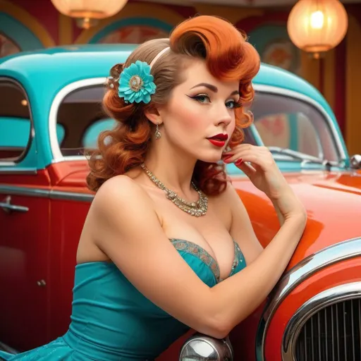 Prompt: Pin-up model posing with a classic car, retro-themed, vintage pin-up style, glamorous attire, bright and vibrant colors, detailed hair and makeup, high quality, vintage, glamorous, detailed, professional lighting