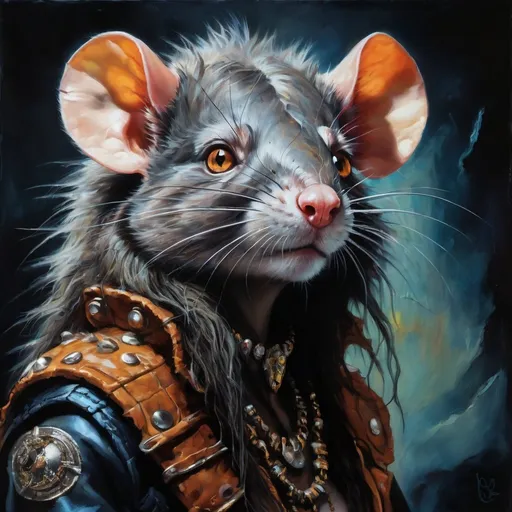Prompt: Rock album cover art featuring the Rat Queen, gritty and realistic oil painting, dynamic and vibrant, high energy, intense colors, dramatic lighting, detailed fur and textures, larger than life, intense gaze, raw and edgy, high quality, oil painting, gritty realism, vibrant colors, dynamic lighting, detailed fur, intense gaze, high energy