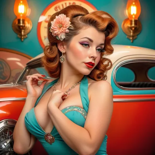 Prompt: Pin-up model posing with a classic car, retro-themed, vintage pin-up style, glamorous attire, bright and vibrant colors, detailed hair and makeup, high quality, vintage, glamorous, detailed, professional lighting