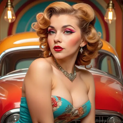 Prompt: Pin-up model posing with a classic car, retro-themed, vintage pin-up style, glamorous attire, bright and vibrant colors, detailed hair and makeup, high quality, vintage, glamorous, detailed, professional lighting