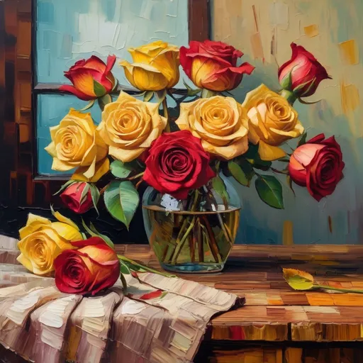 Prompt: Van Gogh-inspired, vibrant red and yellow roses on a rustic wooden table, kitchen in background, oil painting, rich impasto textures, warm and expressive color palette, classic floral arrangement, detailed petals and leaves, vintage artistic style, expressive brushstrokes, warm lighting and deep shadows, high quality, classic, rustic, vibrant colors, detailed textures, artistic oil painting, classic floral, expressive brushwork, vintage, warm lighting