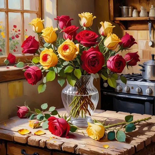 Prompt: Van Gogh-inspired, vibrant red and yellow roses on a rustic wooden table, kitchen in background, rich impasto textures, warm and expressive color palette, classic floral arrangement, detailed petals and leaves, vintage artistic style, expressive brushstrokes, warm lighting and deep shadows, high quality, classic, rustic, vibrant colors, detailed textures, artistic oil painting, expressive brushwork, warm lighting