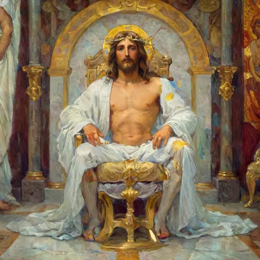 Prompt: Mucha style painting:

Jesus in white clothes, pants, shoes, is sitting on his golden throne,

inside a white anciet Roman Senate hall.