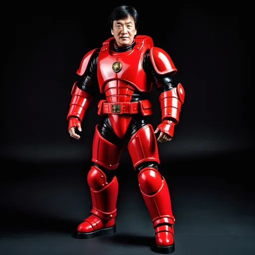 Prompt: an action man toy,

young handsome Jackie CHAN,

wears deep red color space marine armor and boots,

full body portrait to foot,

black as background, deep black floor,