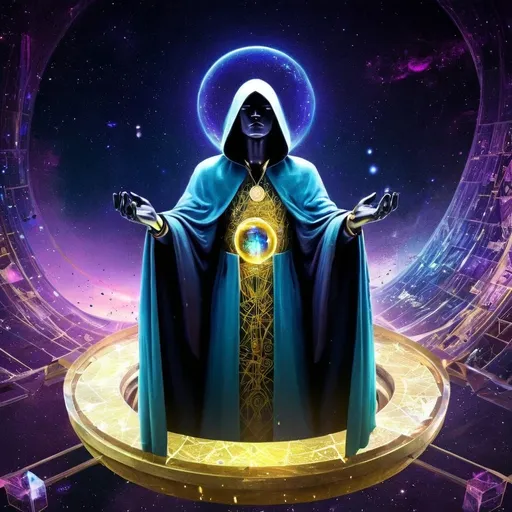 Prompt: “A mysterious guardian stands on a floating crystal platform in a cosmic realm filled with glowing constellations and streaming digital code. Cloaked in an iridescent, fractal-patterned robe, they hold a luminous orb representing the heart of the blockchain. Behind them, swirling galaxies form geometric shapes, symbolizing the interconnected digital world. Neon blue, purple, and gold particles trail from their robe, blending the mystical with the futuristic in a hyper-realistic, otherworldly style. The guardian exudes power and mystery, embodying the infinite potential of the digital future.”