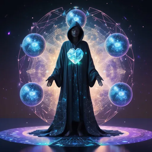 Prompt: “The Digital Guardian”:
“A mysterious guardian stands on a floating crystal platform in a cosmic realm filled with glowing constellations and streaming digital code. Cloaked in an iridescent, fractal-patterned robe, they hold a luminous orb representing the heart of the blockchain. Behind them, swirling galaxies form geometric shapes, symbolizing the interconnected digital world. Neon blue, purple, and gold particles trail from their robe, blending the mystical with the futuristic in a hyper-realistic, otherworldly style. The guardian exudes power and mystery, embodying the infinite potential of the digital future.”