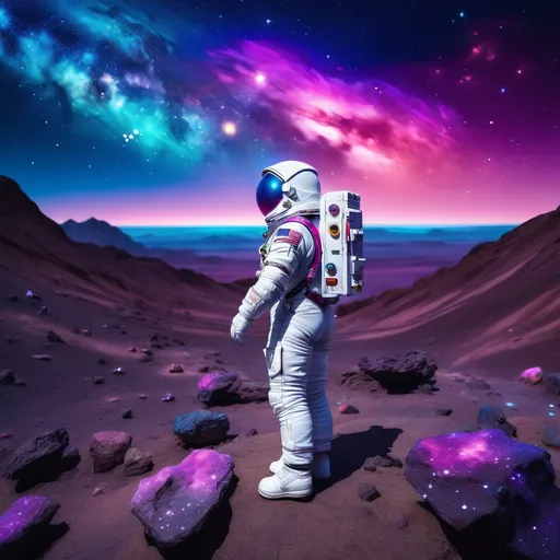 Prompt: A lone astronaut standing on a rocky planet surface, gazing up at a vast starry sky. The astronaut is in a detailed white spacesuit with reflective visor, positioned in the foreground. The background shows a breathtaking view of the cosmos with countless twinkling stars, colorful nebulae, and distant galaxies. The sky is filled with vibrant purples, blues, and pinks. Low angle shot, dramatic lighting, photorealistic style, 8k resolution.