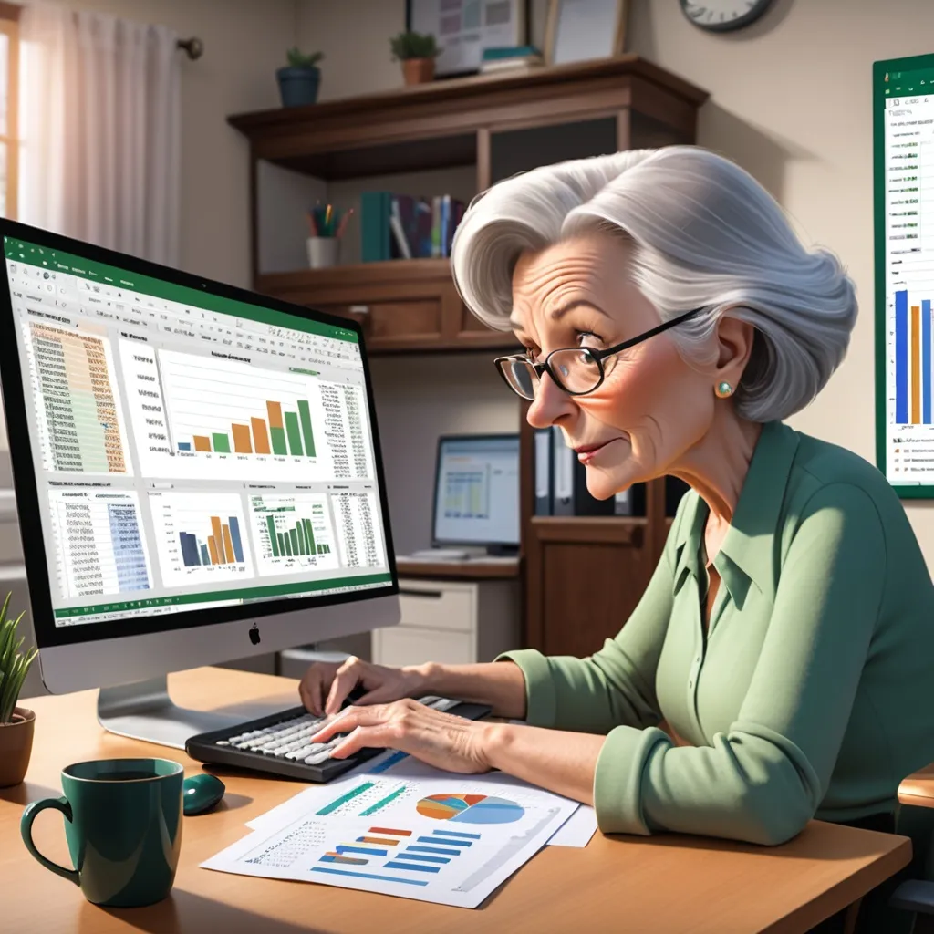 Prompt: An older woman sitting at her home computer working in her home office.   On her computer screen we see her excel spreadsheet with her budget and graphs.   it's a 3d cartoon image.