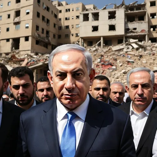 Prompt: Benjamin Netanyahu is a murderer with a face full of blood and a destroyed city and buildings behind him