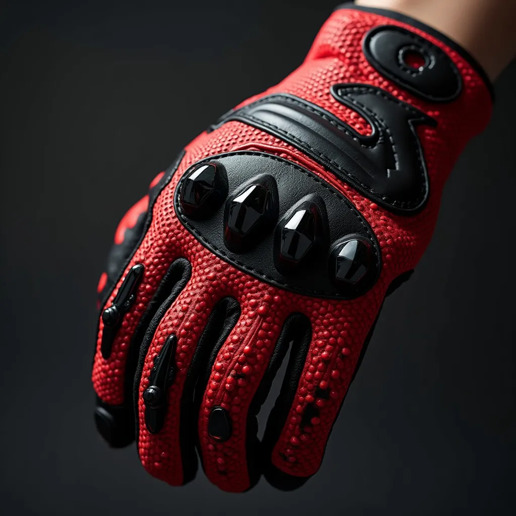 Prompt: Red and black motorcycle glove design with night vision and 3D, complete with patterning