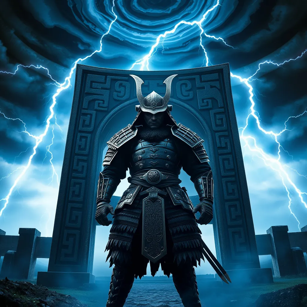 Prompt: (Viking samurai), standing proudly before an ancient rune, powerful stance, intricate armor blending Norse and Japanese aesthetics, bright lightning illuminating the atmosphere, dramatic and mystical ambiance, dark swirling storm clouds overhead, vivid blue and white light contrasting with darker shades, ultra-detailed epic scene, evokes a sense of strength and timelessness, cinematic quality, high resolution.