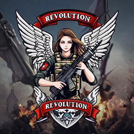 Prompt: military clan banner with the name REVOLUTION
make an angel holding weapons on the banner