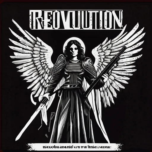 Prompt: Cult banner with the name REVOLUTION
make an angel holding weapons on the banner