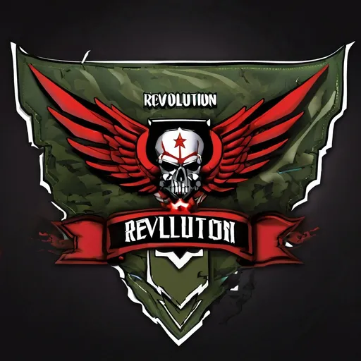 Prompt: military clan banner with the name REVOLUTION

put wings from an angle on it