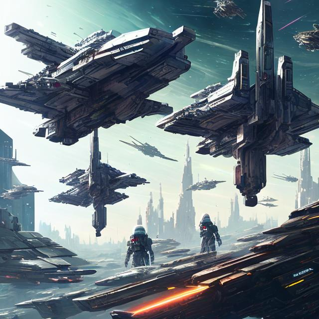 Prompt: High-tech interstellar bounty hunter clan, futuristic revolvers, spaceship in the background, advanced weaponry, detailed space suits, intense and focused gaze, metallic sheen, high-resolution, sci-fi, cyberpunk, futuristic, detailed guns, sleek design, professional, atmospheric lighting, space setting