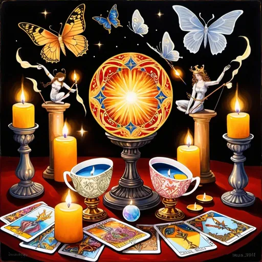 Prompt: In the center of the painting are Tarot cards, fanned out. They are vibrant in color and adorned with intricate patterns. Surrounding the cards are magical candles of various colors, creating an atmosphere of mystery and enchantment. Next to the candles are silver objects: cups, coins, swords, and wands. These items symbolize the four suits of Tarot.

Hovering above the Tarot cards is a magical orb emitting soft light, symbolizing wisdom and knowledge. Butterflies flutter around the orb, representing freedom and lightness.

The painting is done in warm tones, evoking a sense of coziness and comfort. It captivates with its beauty and mystery