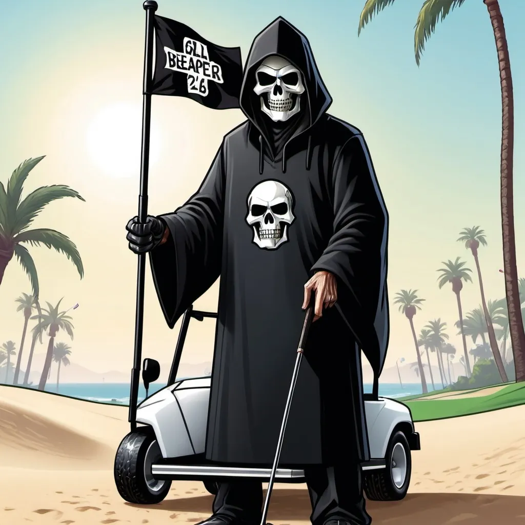 Prompt: GTA V cover art, cartoon grim reaper with golf pin flag with “slimreaper26” on it, on ocean golf course, cartoon illustration golf cart with golf clubs, in a sand bunker