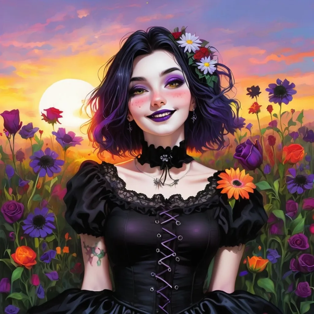 Prompt: Sun setting, colorful day, happy goth girl, flowers,