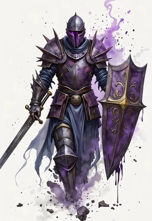 Prompt: Full body character concept art of a corrupted tragic knight (Vetus) in a frenzied, aggressive battle stance. Dark fantasy, soulslike boss design.

He wears ancient, heavily damaged and cracked full plate steel armor of a noble design. (Dark purple energy glows from within the cracks of the armor, with wisps of shadow-like smoke escaping the joints:1.4). His face is hidden by a closed helm, but a (sickly purple light glows from the visor:1.3).

He holds a cracked longsword, its blade also pulsing with purple energy. In his other arm, he carries the shattered remains of a large heater shield, with only the broken frame and a fragment of its mountain peak emblem visible.

Style: The mood is tragic and frightening. The character's movements are unnatural and puppeteered by a dark force. Highly detailed, painterly, in the style of Dark Souls concept art and Brom.