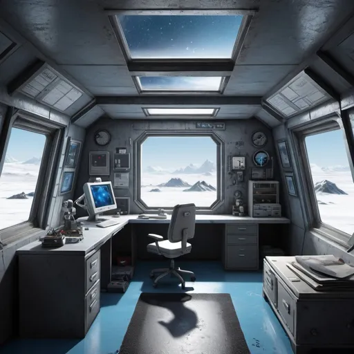 Prompt: The interior of a Scotty Astrophel style scientific outpost on an icy landscape. Looking out through a small square window in a bedroom/office on the second or third level. Black rug on floor. Grey concrete floor. High-definition blue and white lighting on the interior. Intricate detail. 4d. 4320 8k resolution. Clear blue sky. Must look real.


