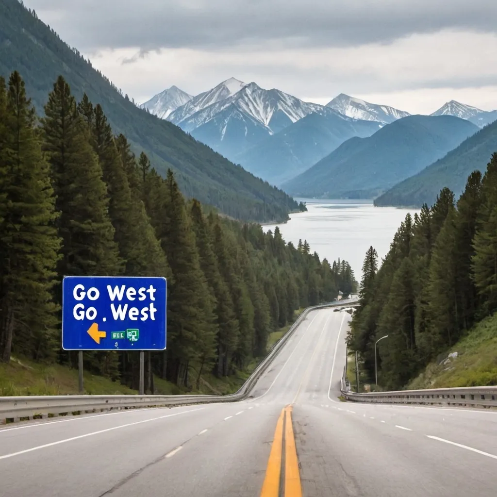 Prompt: A picture with mountains, a lake, and a highway with a sign that says Go West!