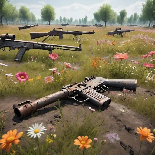 Prompt: a battlefield with blooming flowers, rusty guns and grass.