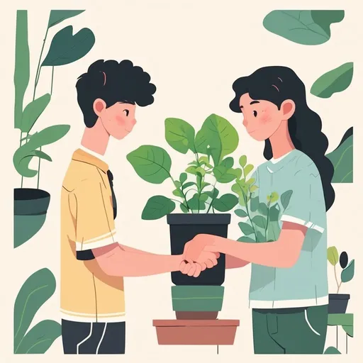 Prompt: teenagers holding hands and looking at a plant 