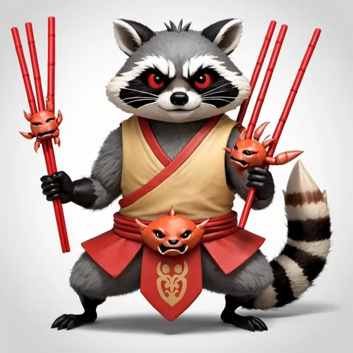 Prompt: create a mythical creature, a warrior with a crab body and crab claws with a raccoon head. He should be holding a single set of chopsticks with his crab claws