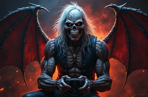 Prompt: Iron Maiden Logo Title , (iron maiden style album cover), Eddie Hunter mascot, playing PlayStation 5, dark and twisted graphic art, intricate details, heavy metal aesthetic, intense colors with vibrant contrasts, gothic elements, dramatic lighting, haunting atmosphere, ultra-detailed, 4K resolution, captivating design that captures the essence of classic metal album art.