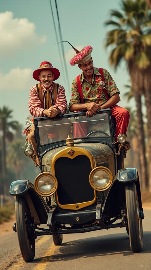 Prompt: Hugh wheels old car with clowns on 1920 style 