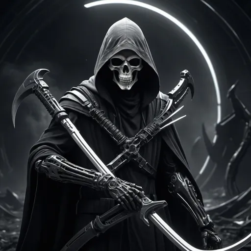 Prompt: Futuristic scythe with a black and white laser blade held by a grim reaper with a large assortment of weapons and firearms all over his body
